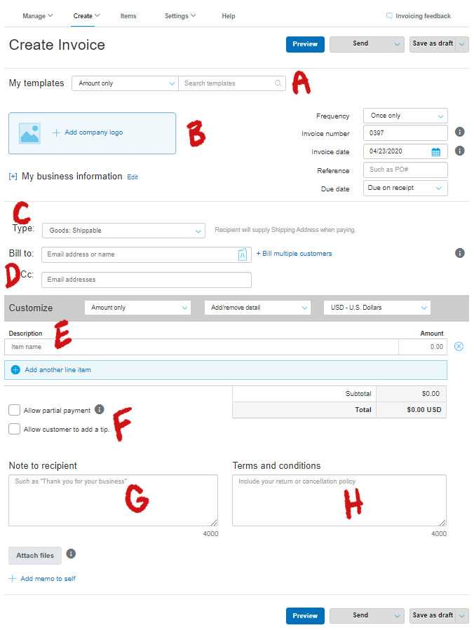 art commission invoice template paypal