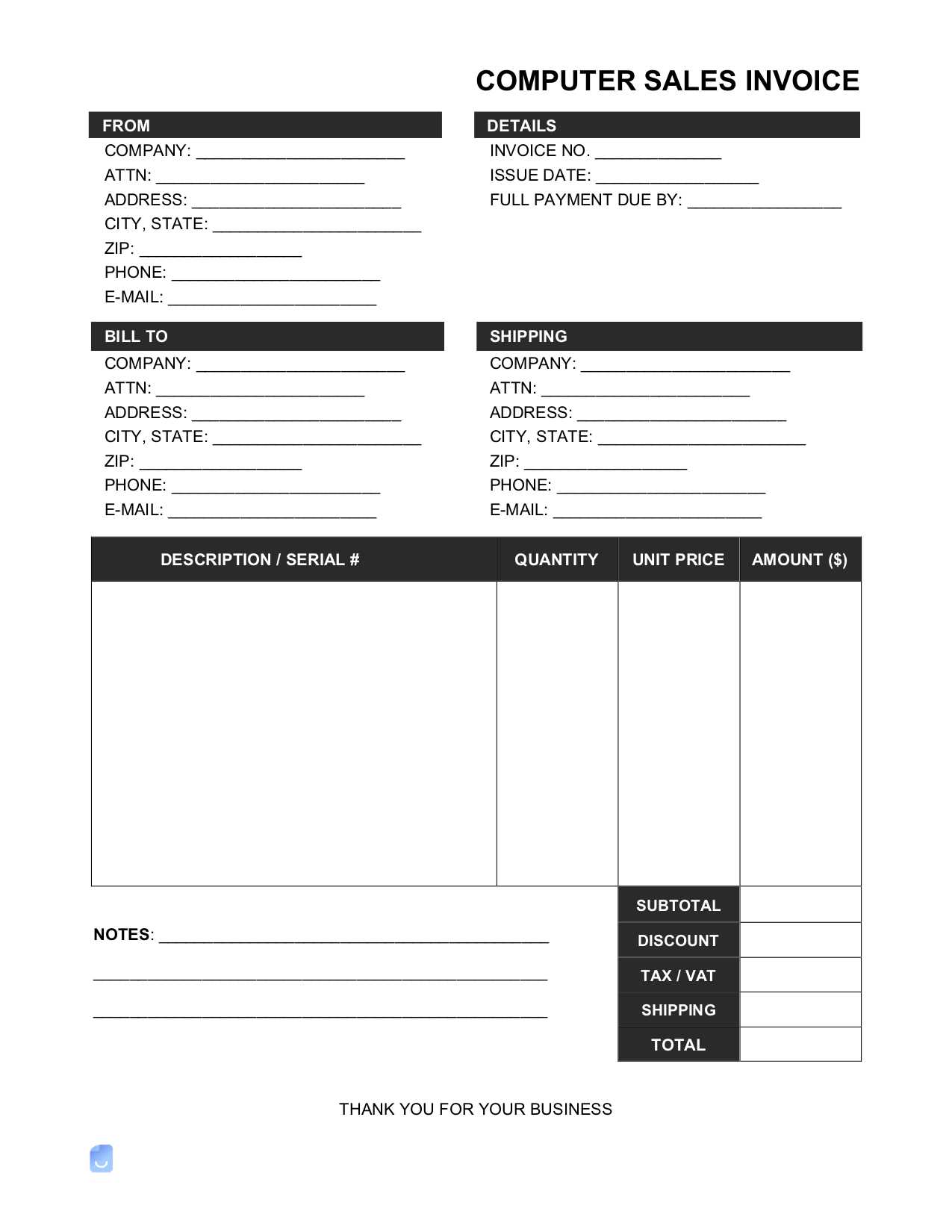 computer technician invoice template