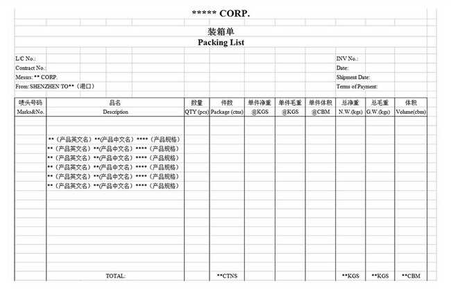 invoice packing list template