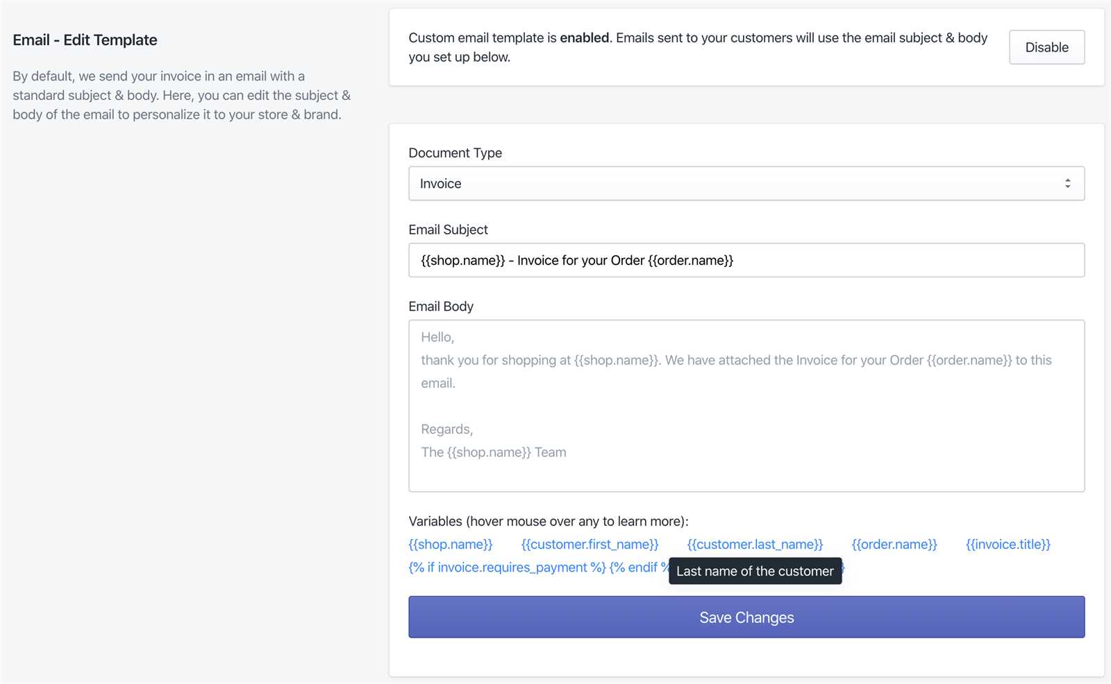 email template for sending invoice to customer