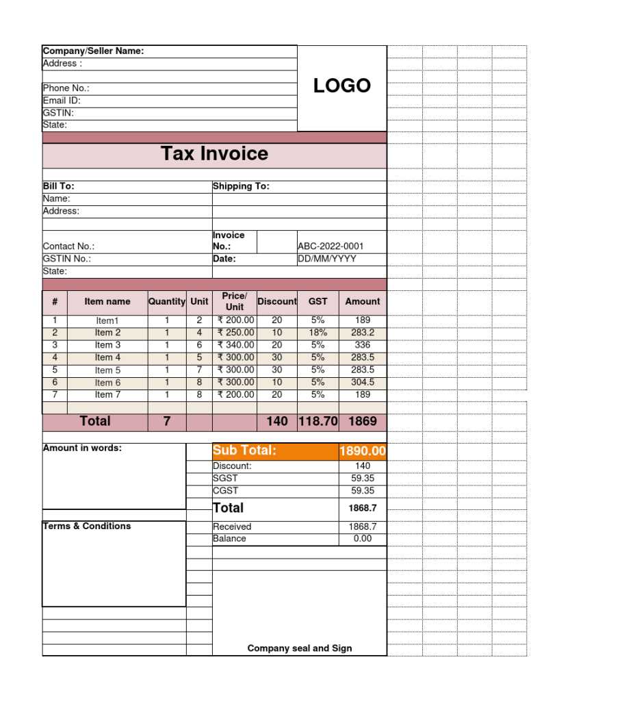 retail invoice template excel