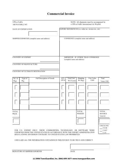 commercial invoice template canada to us