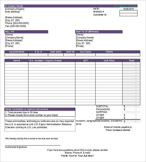 canada customs invoice template excel