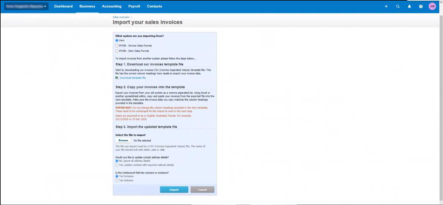 xero invoice import csv template