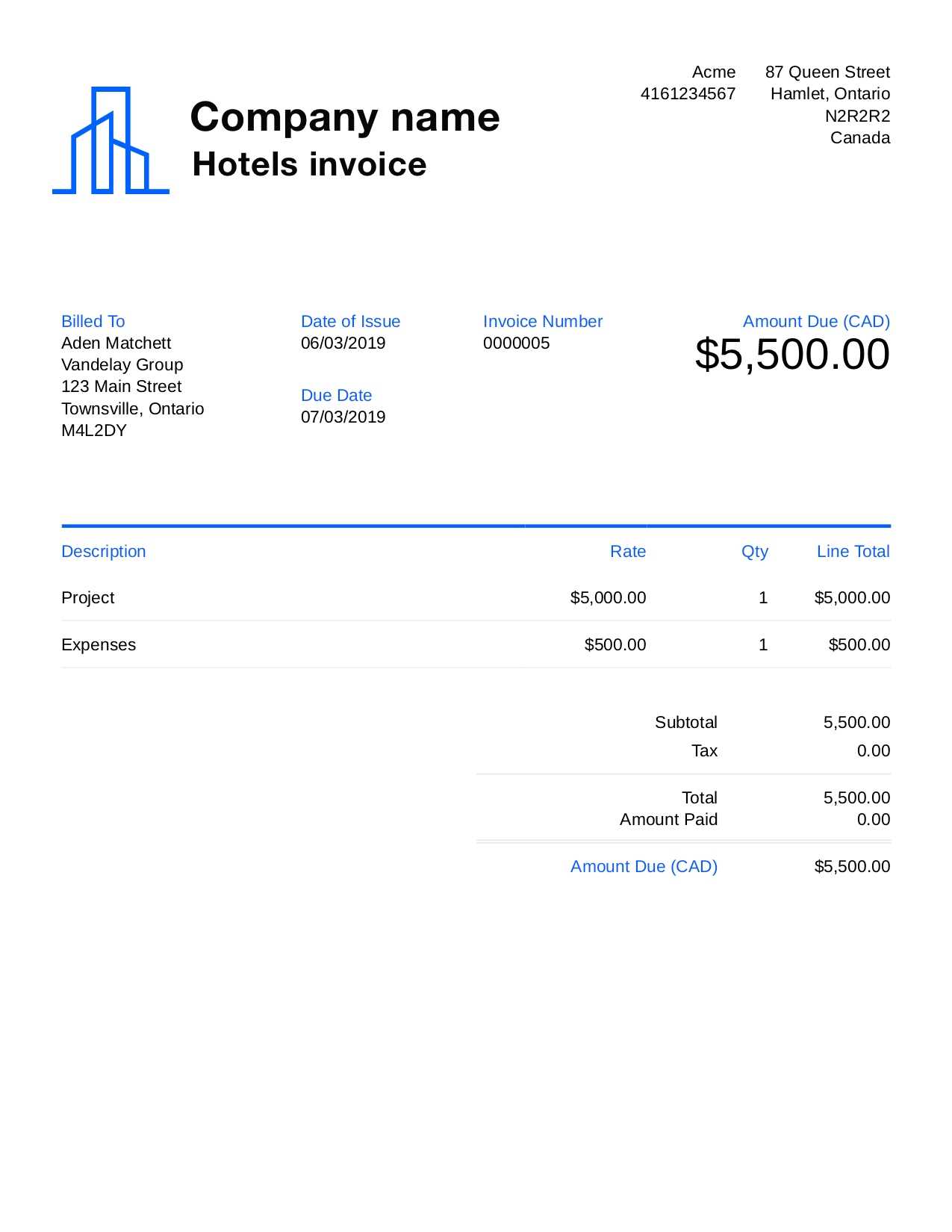 hotel invoice template doc