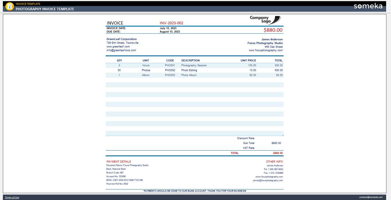 photography billing invoice template