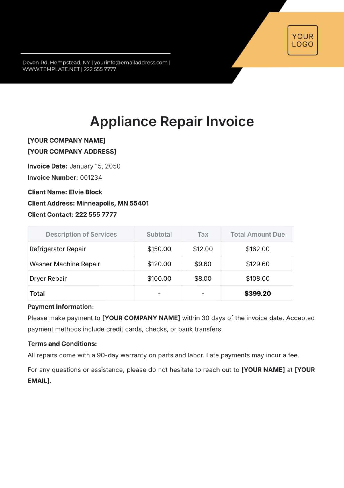 free appliance repair invoice template