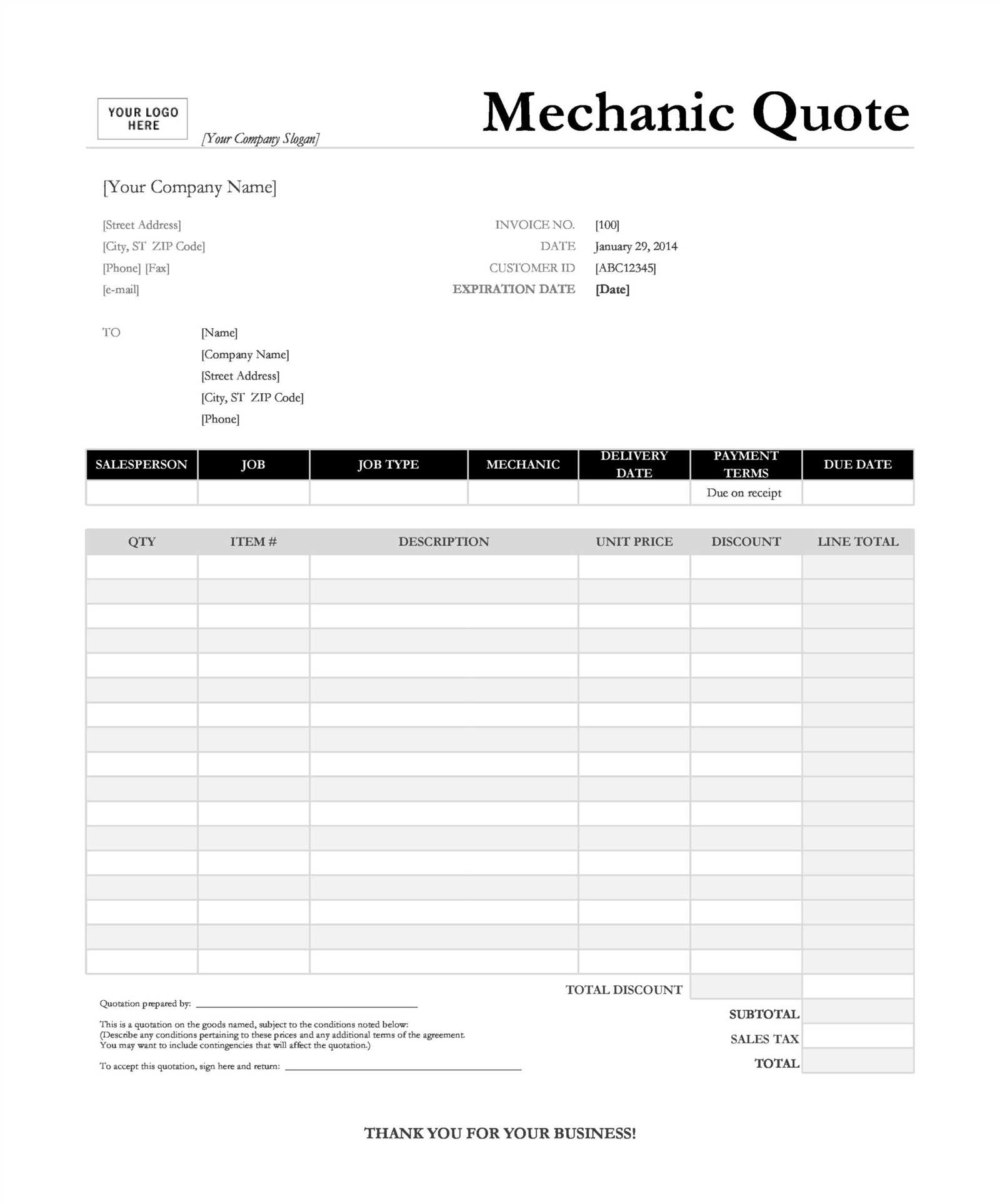 free auto repair invoice template pdf