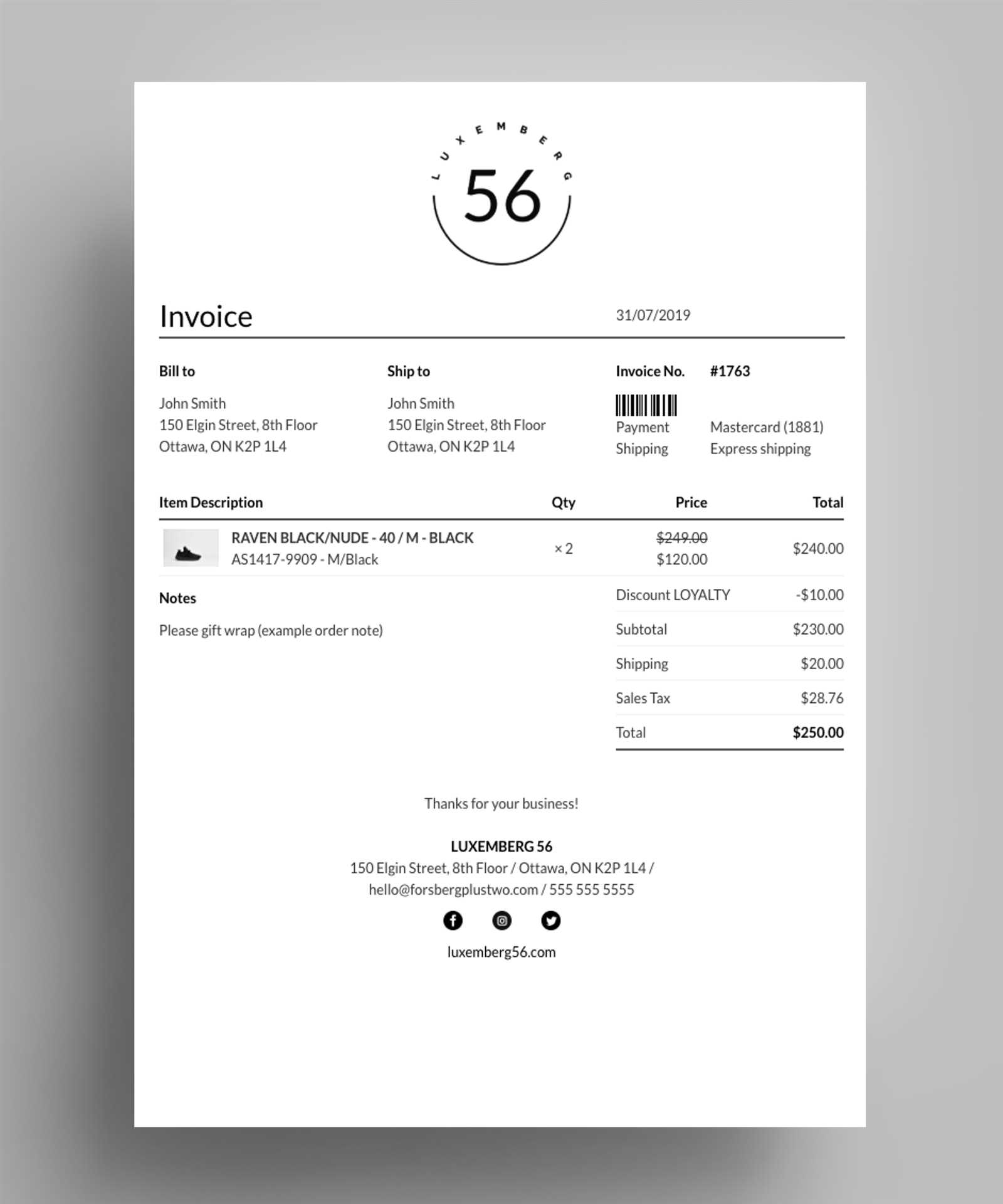 free product invoice template