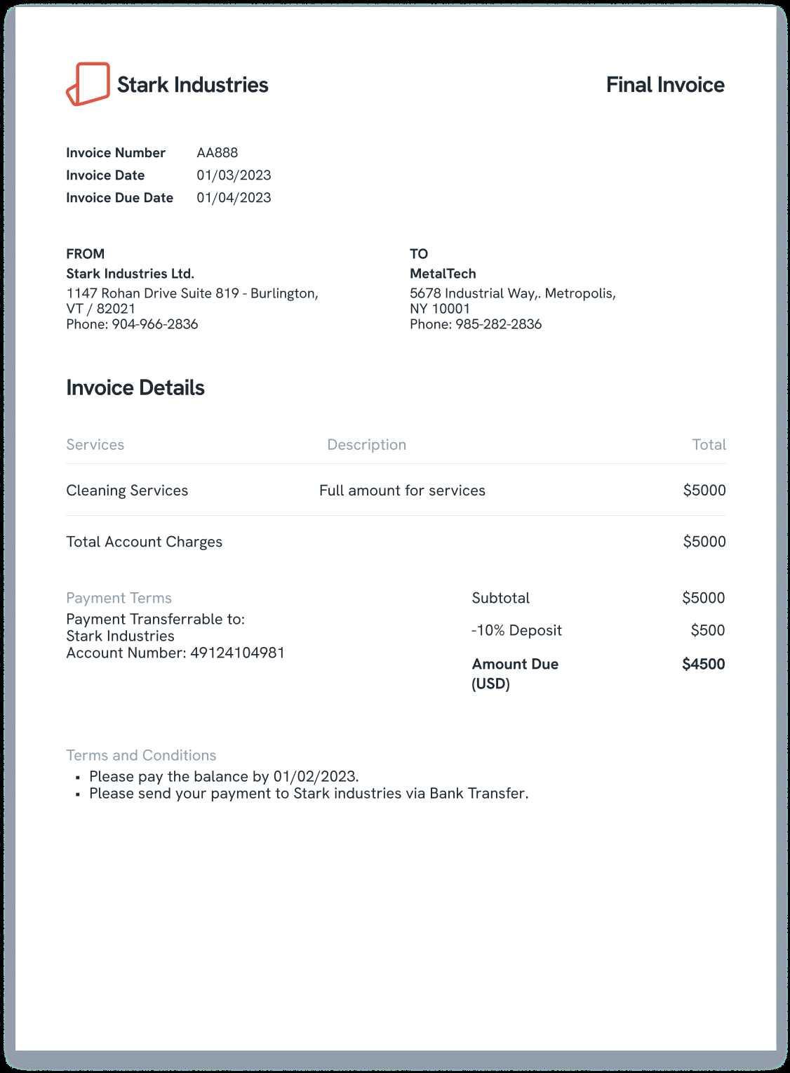 invoice template with deposit