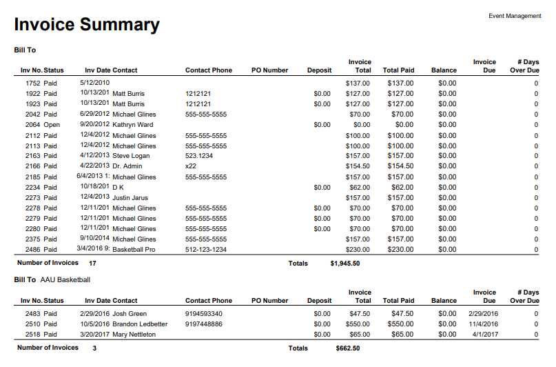 invoice summary report template