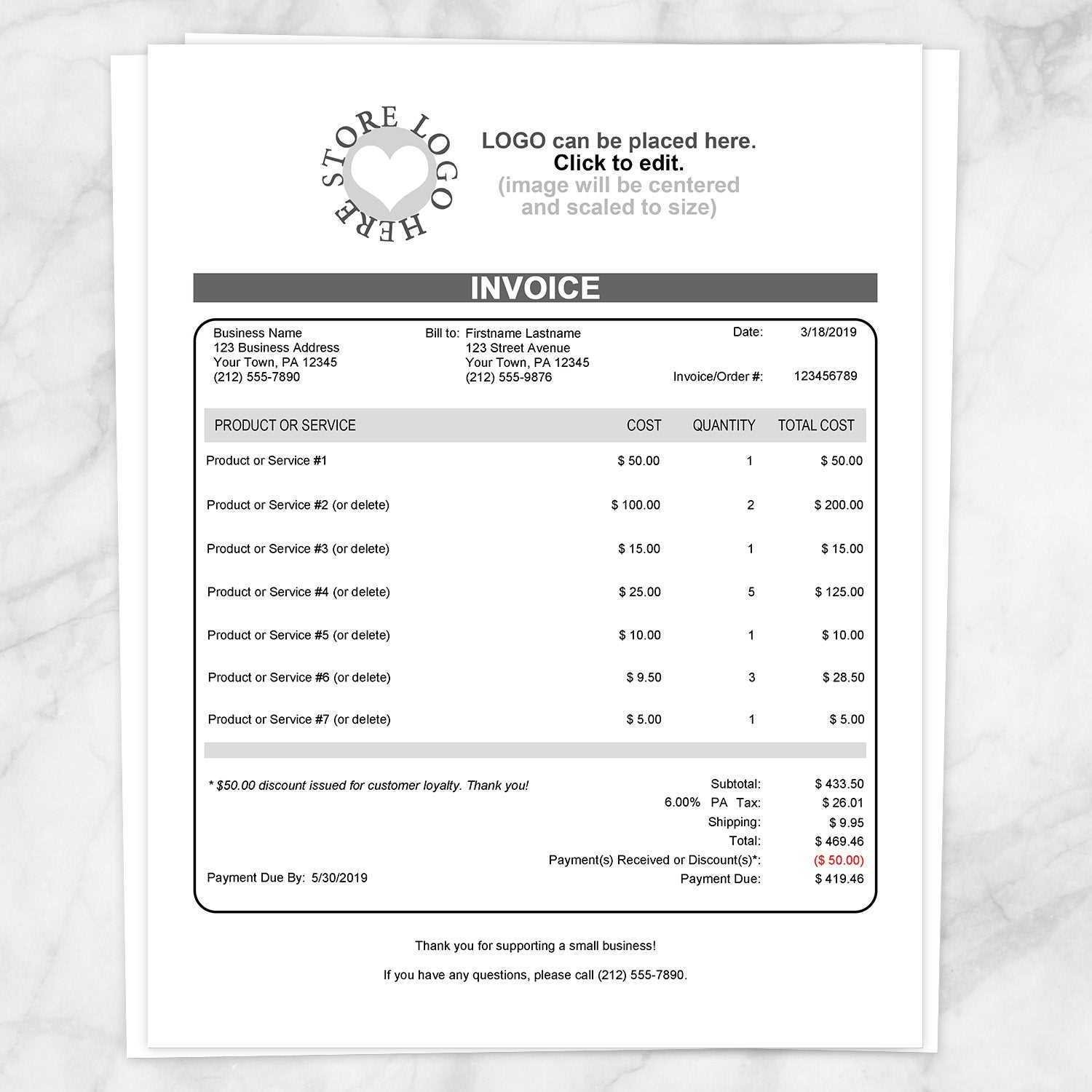 word invoice template that calculates total