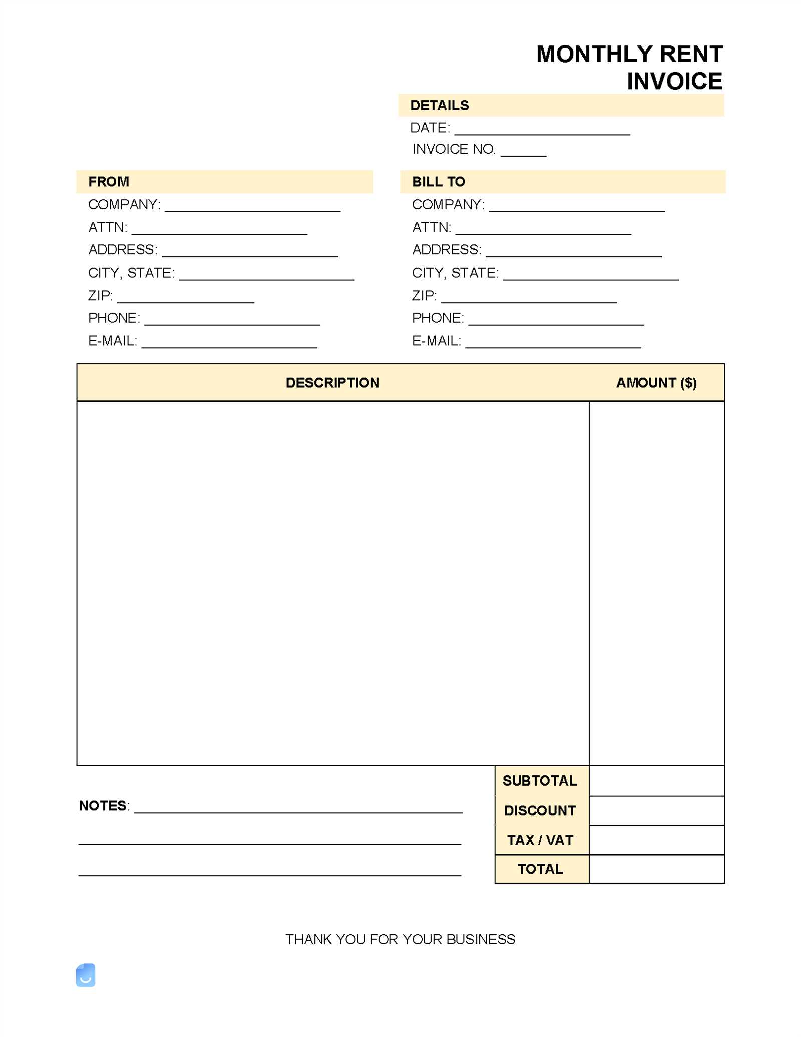 word monthly rent invoice template