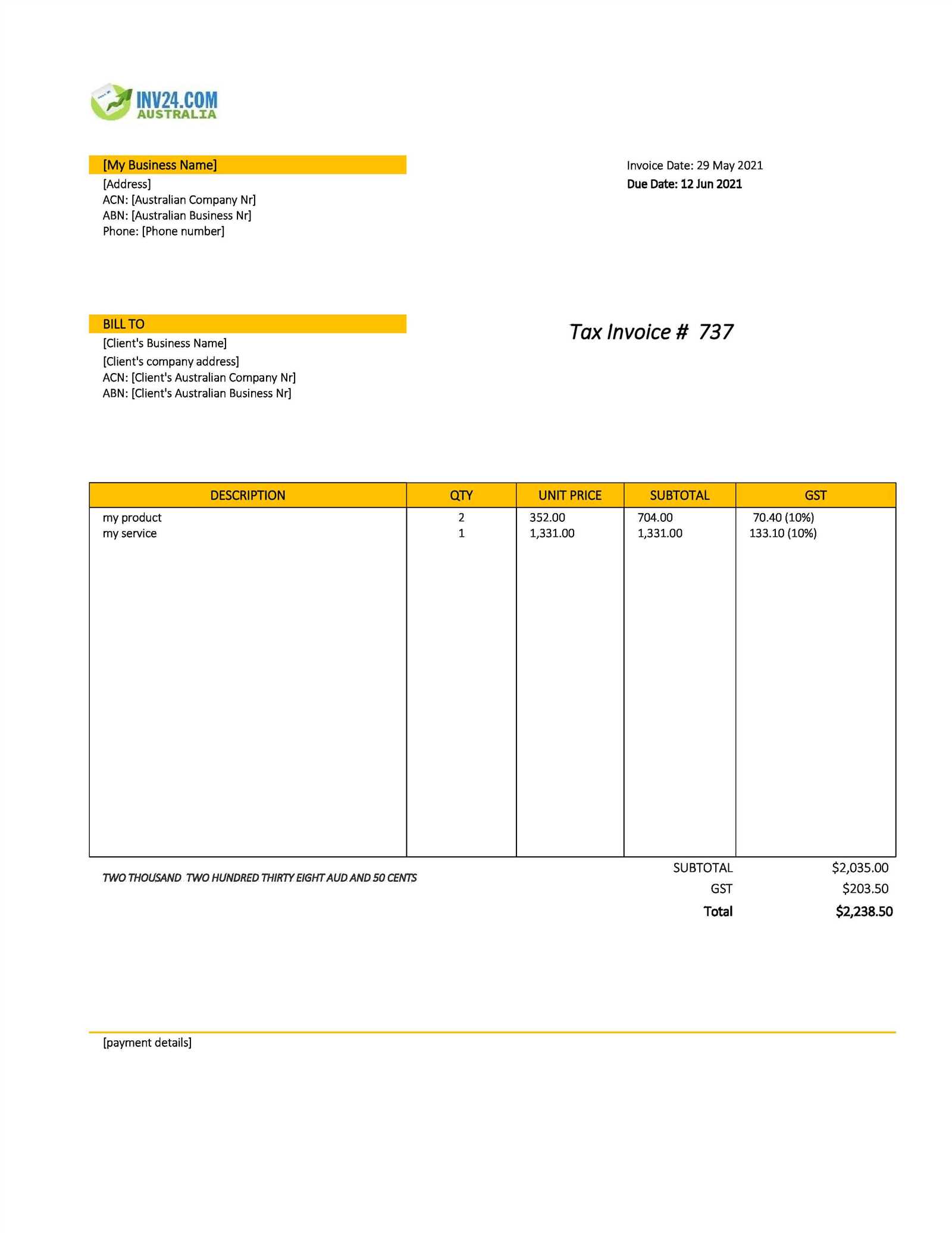 excel tax invoice template australia