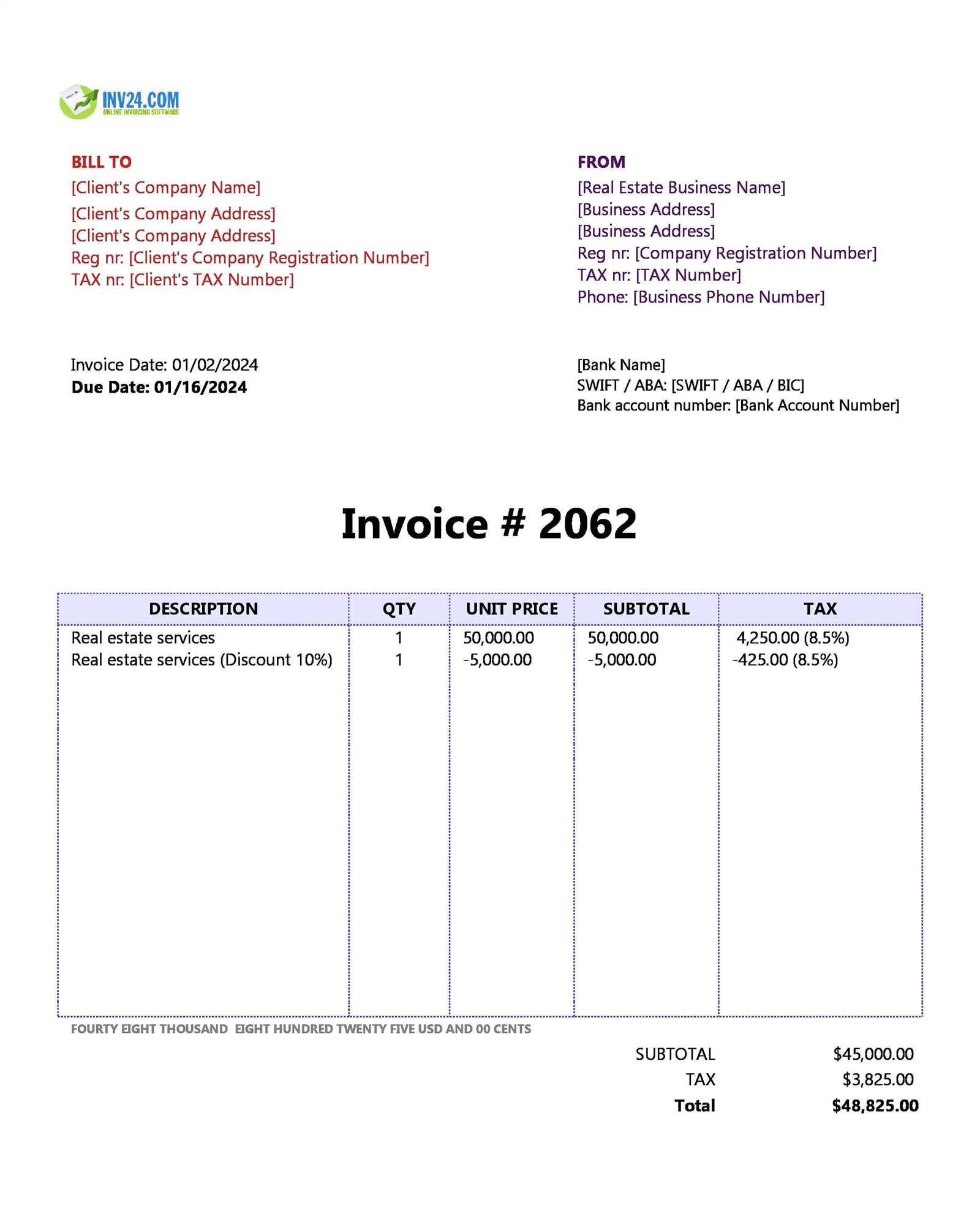 real estate tax invoice template