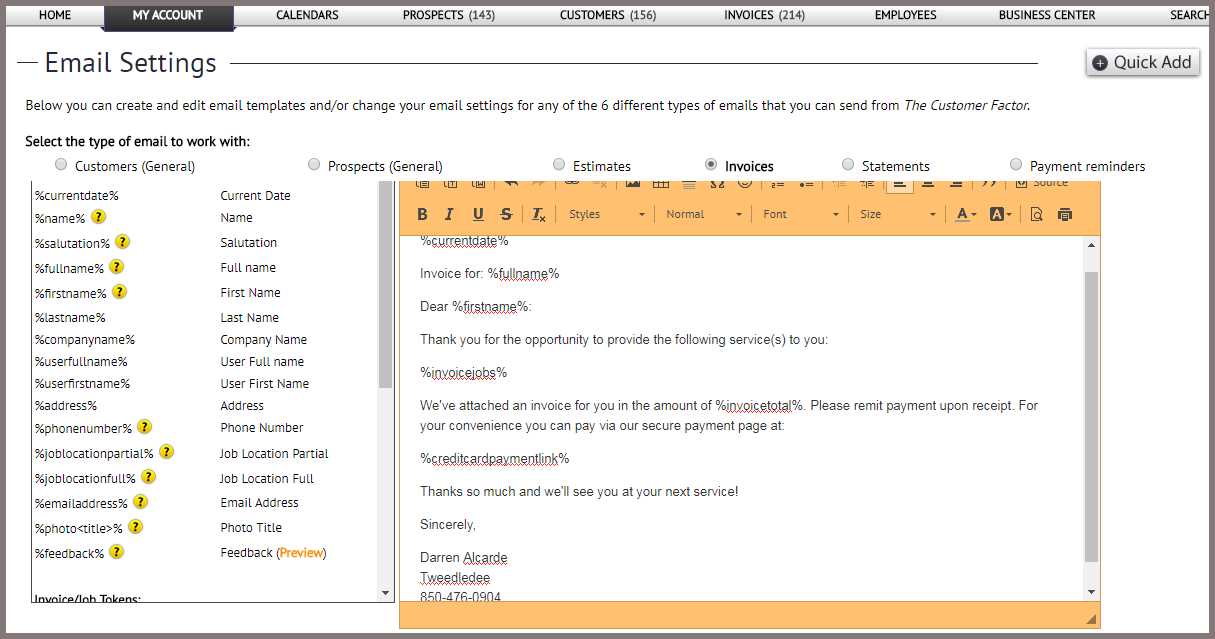email template for sending invoice to customer