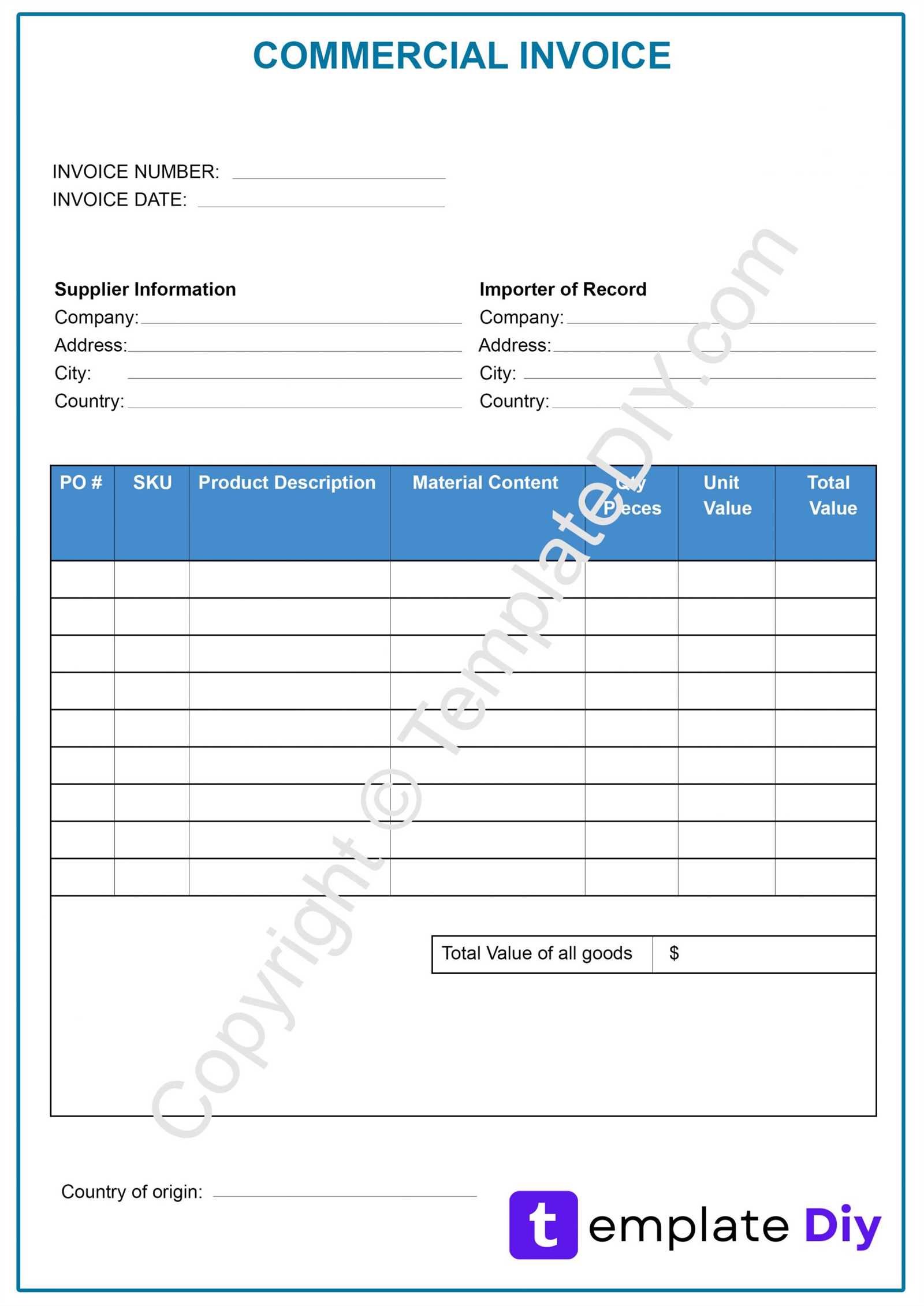 commercial invoice template pdf fillable