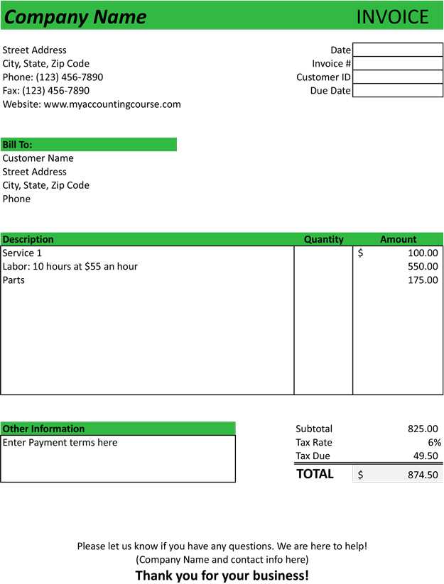 automotive invoice template free