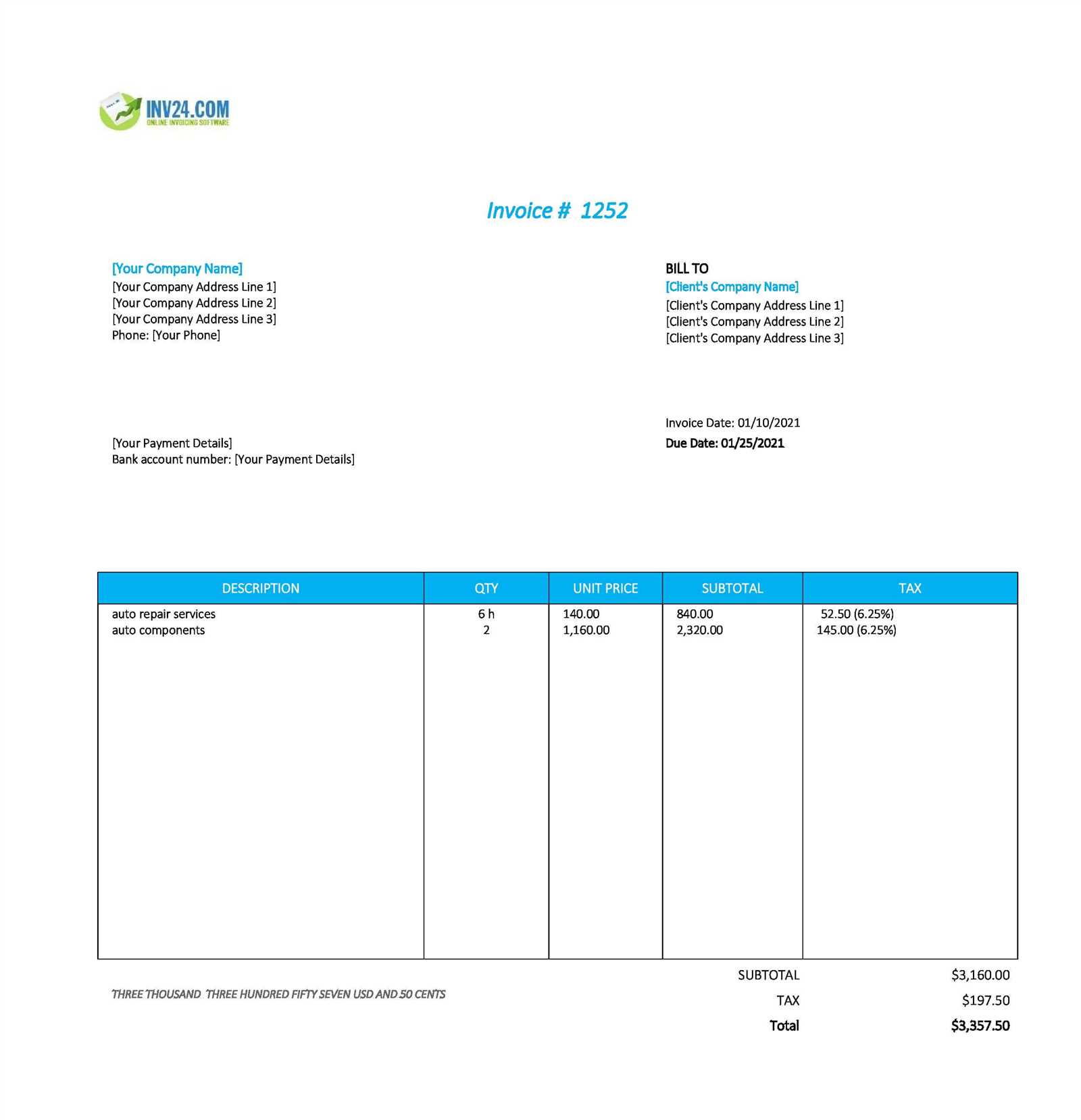 motor vehicle repair invoice template