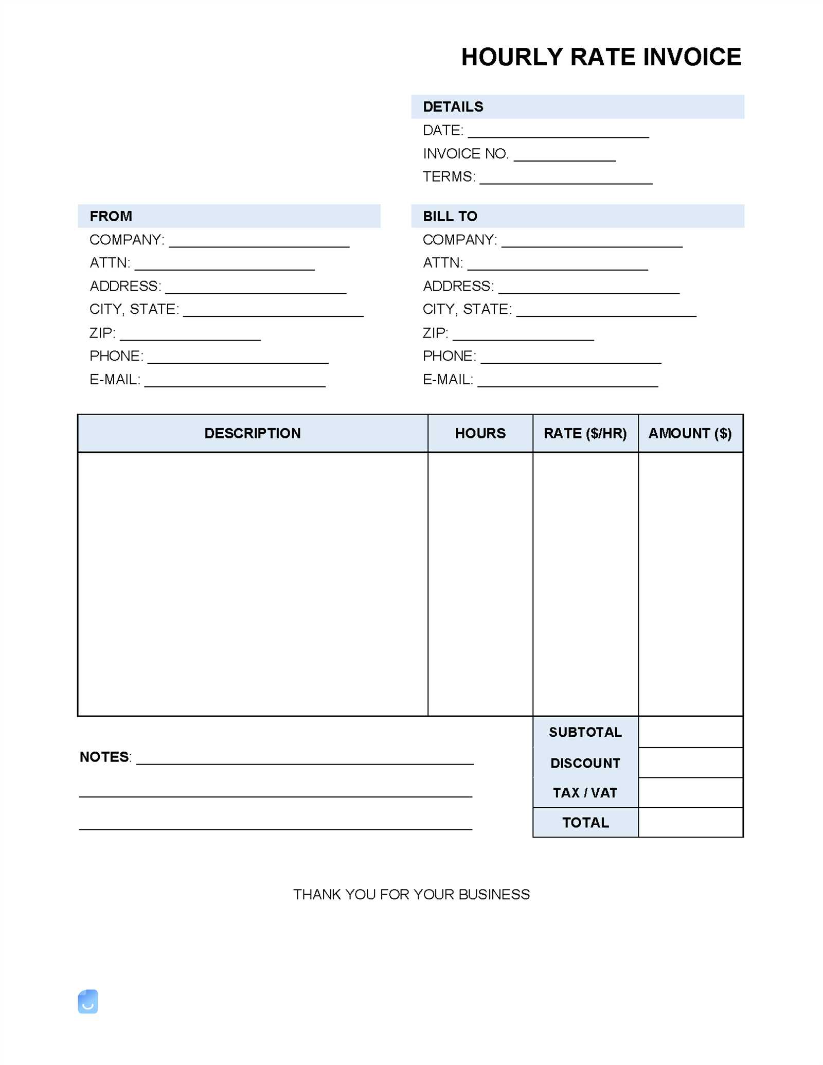 hourly rate invoice template