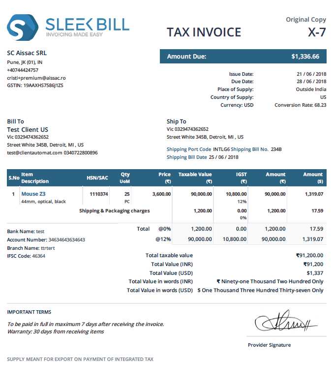 export invoice template free