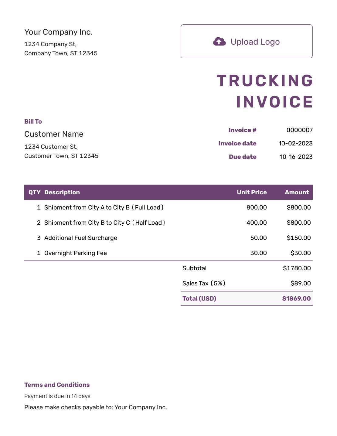 blank trucking invoice template